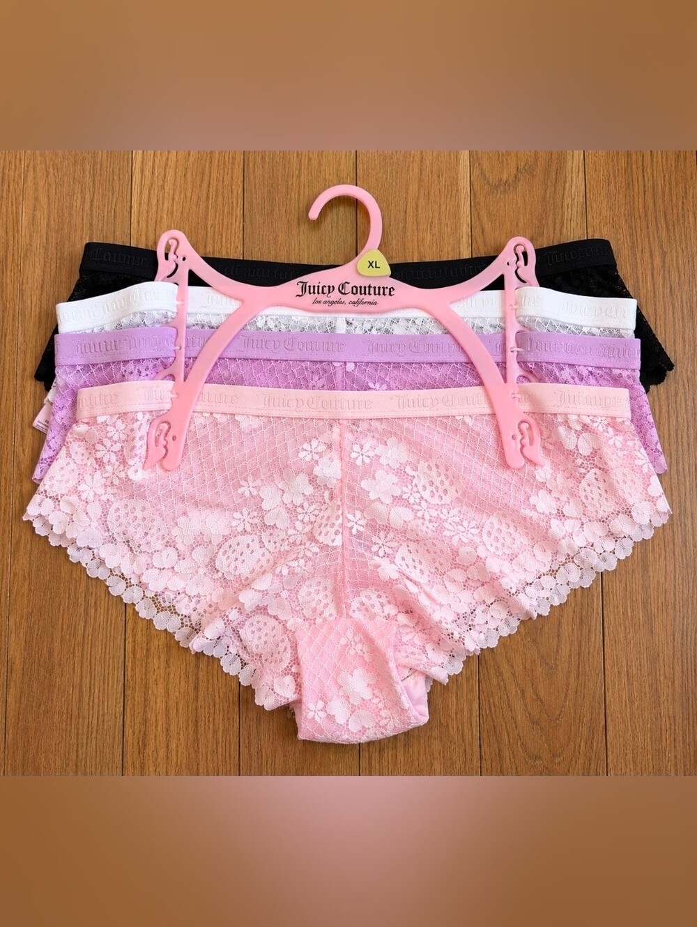 Juicy Couture Lace Bikini Panty 4-Pack in Pink, Lavender, White, Black